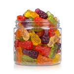 Gummy Bunnies candy package featuring a colourful pastel assortment of bunny shaped chewy fruit sweets and confections from a 100% peanut and tree nut free facility.