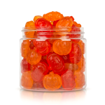 Gummy Pumpkins candy package featuring a vibrant orange and yellow assortment of pumpkin shaped chewy fruit sweets and confections from a 100% peanut and tree nut free facility.