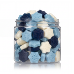 Gummy Snowflakes candy package featuring a Blue and White assortment of snowflake shaped chewy fruit sweets and confections from a 100% peanut and tree nut free facility.