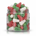 Snowmen and Trees candy package featuring a festive assortment of snowman and Christmas tree shaped chewy sweets and confections from a 100% peanut and tree nut free facility.
