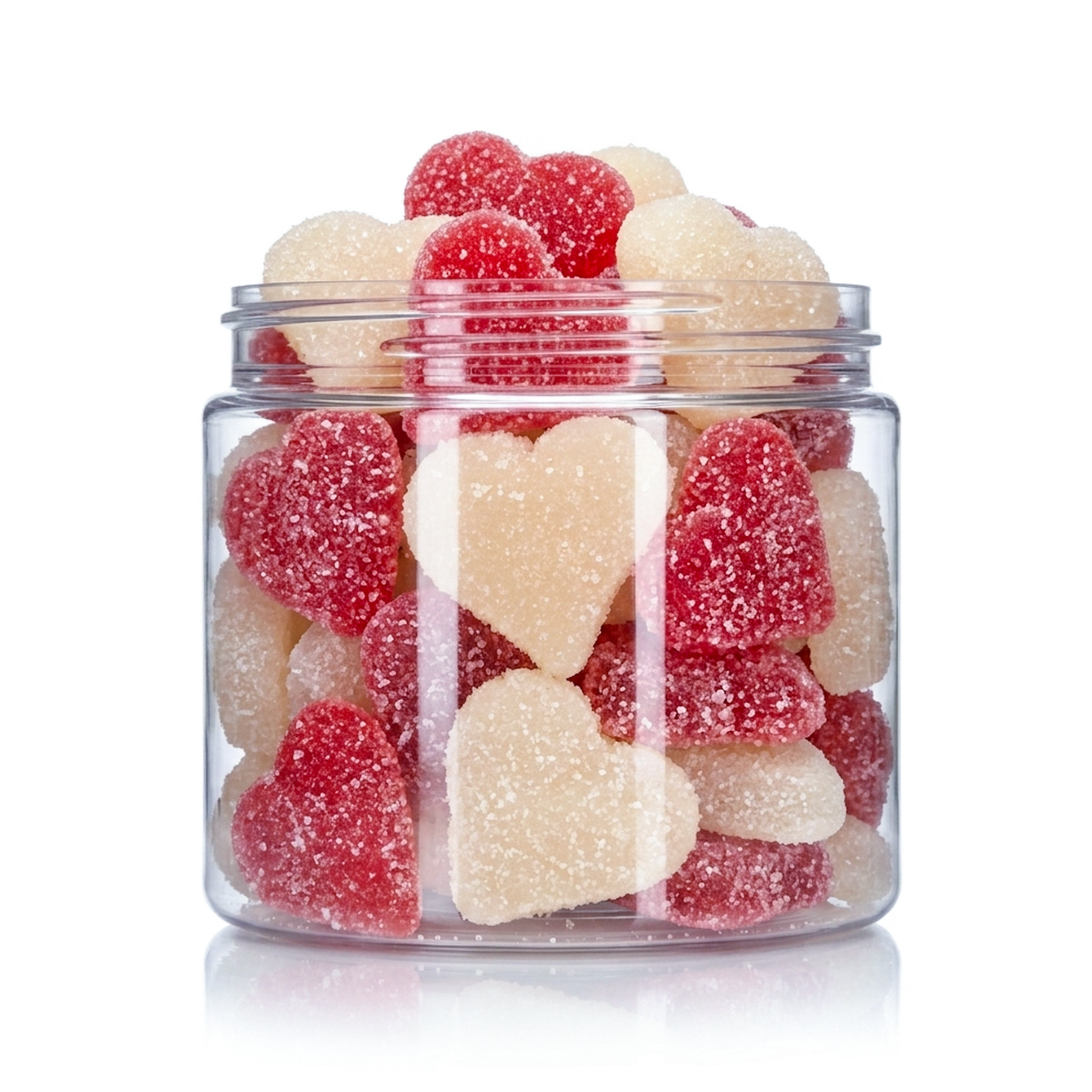 Red and White Hearts candy package featuring a vibrant red and white assortment of heart shaped sweets and confections from a 100% peanut and tree nut free facility.