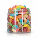 Assorted Sours candy package featuring a vibrant rainbow assortment of sour sugar sanded chewy fruit sweets and confections from a 100% peanut and tree nut free facility.