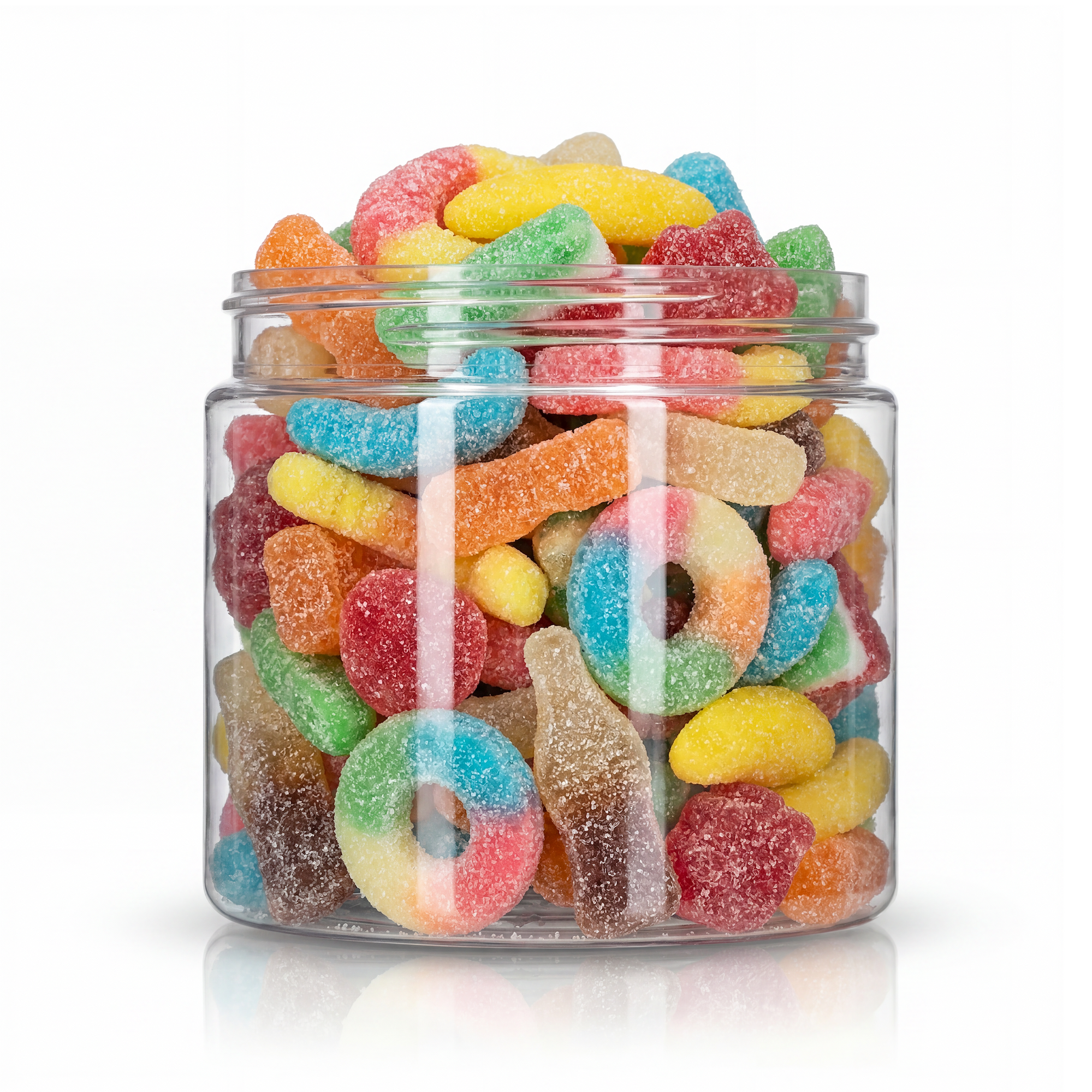 Assorted Sours candy package featuring a vibrant rainbow assortment of sour sugar sanded chewy fruit sweets and confections from a 100% peanut and tree nut free facility.