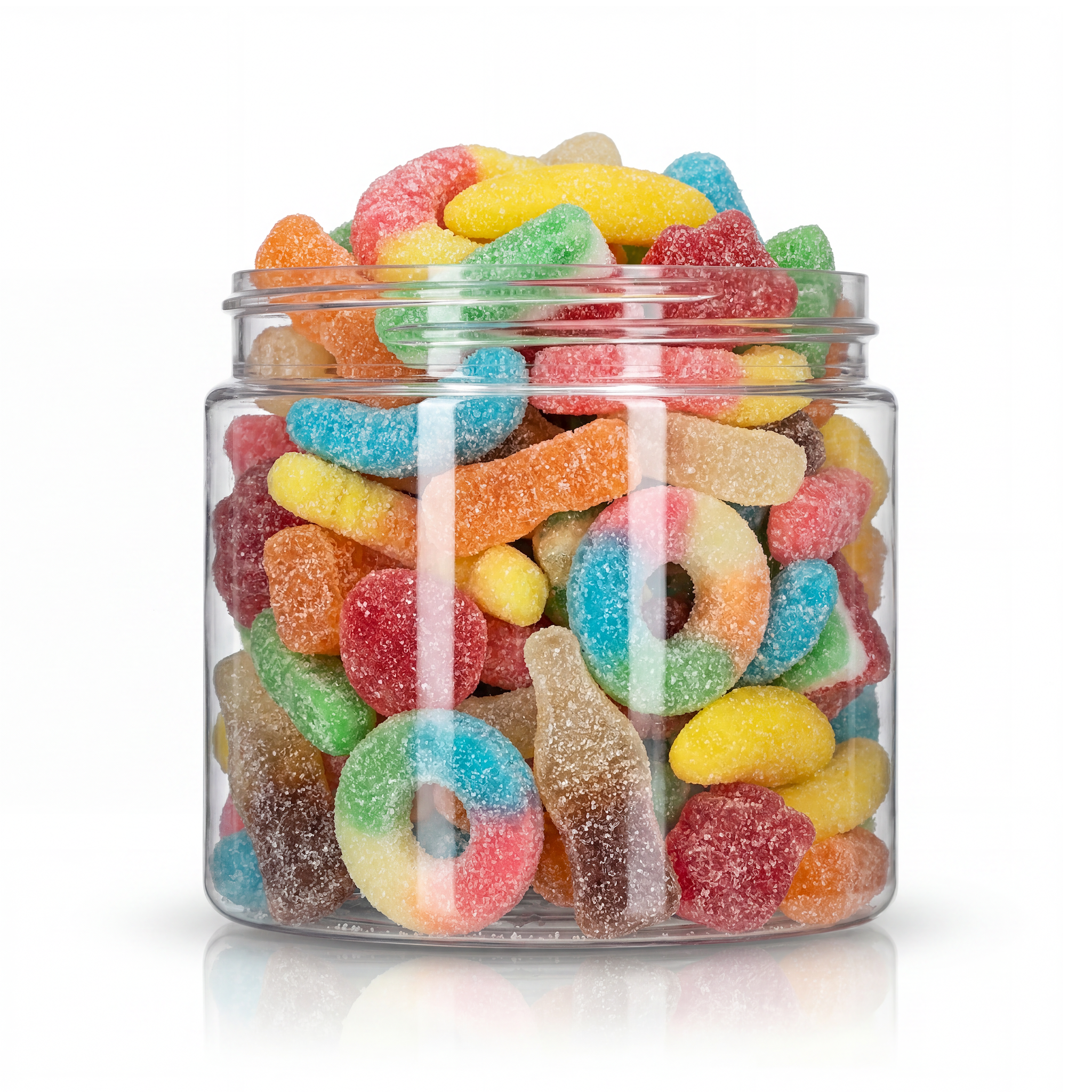 Assorted Sours candy package featuring a vibrant rainbow assortment of sour sugar sanded chewy fruit sweets and confections from a 100% peanut and tree nut free facility.