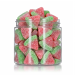 Sugared Watermelon Slices candy package featuring a vibrant red and green assortment of sugar sanded slice shaped chewy sweets and confections from a 100% peanut and tree nut free facility.