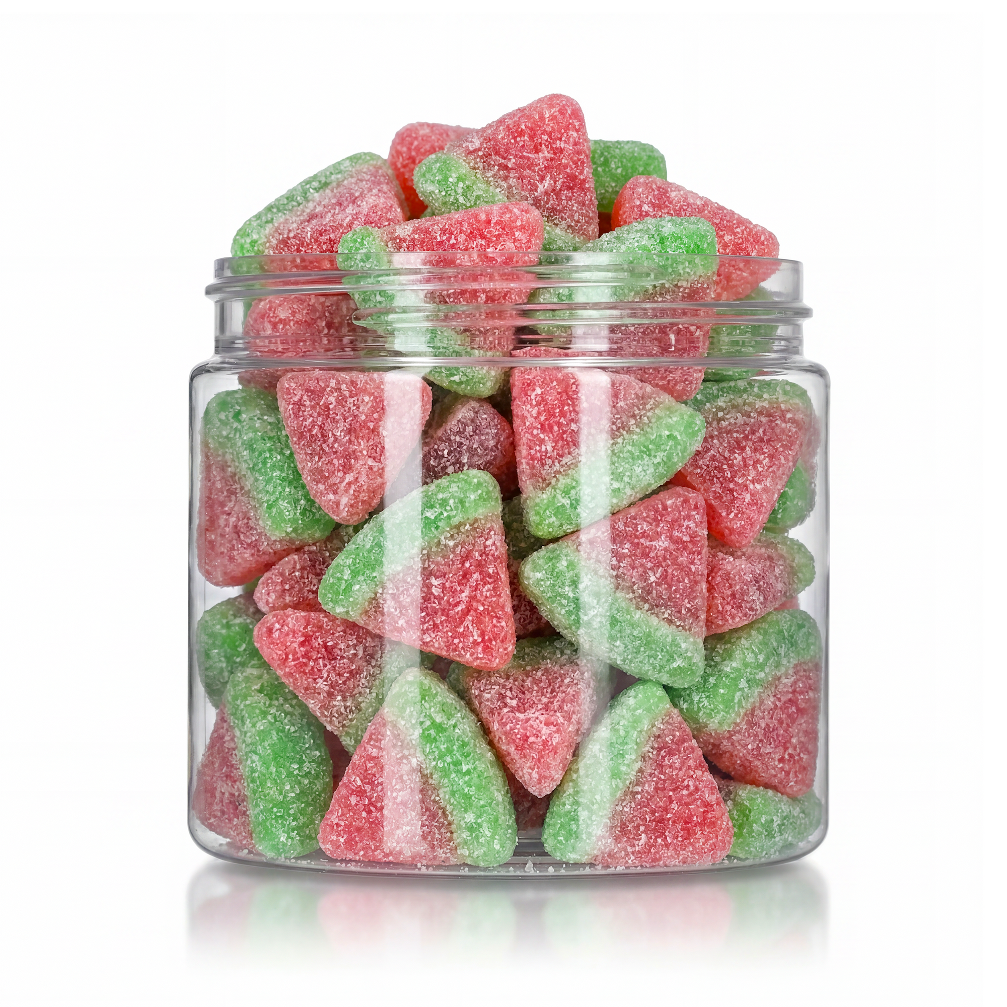 Sugared Watermelon Slices candy package featuring a vibrant red and green assortment of sugar sanded slice shaped chewy sweets and confections from a 100% peanut and tree nut free facility.