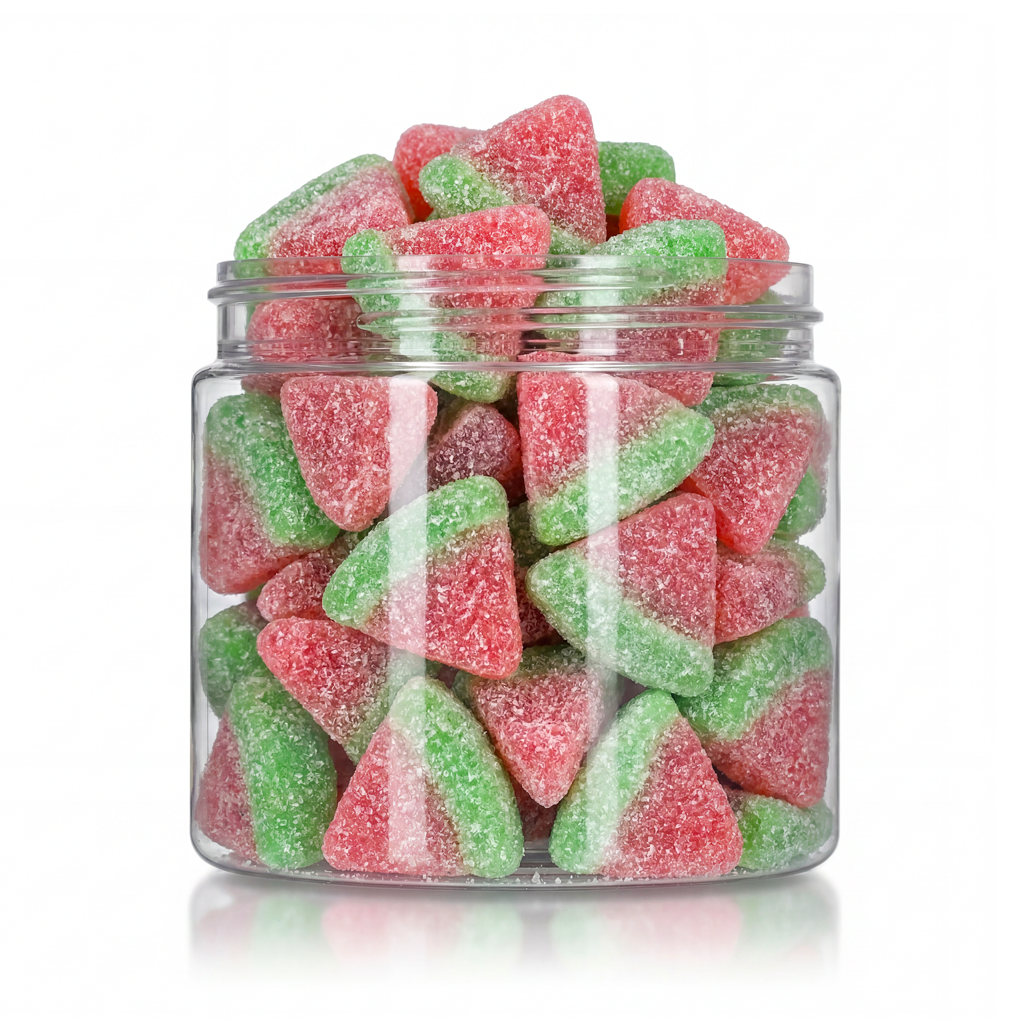 Sugared Watermelon Slices candy package featuring a vibrant red and green assortment of sugar sanded slice shaped chewy sweets and confections from a 100% peanut and tree nut free facility.