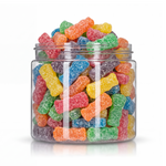 Sour Buddies candy package featuring a vibrant multi-coloured assortment of sour sugar sanded chewy character sweets and confections from a 100% peanut and tree nut free facility.