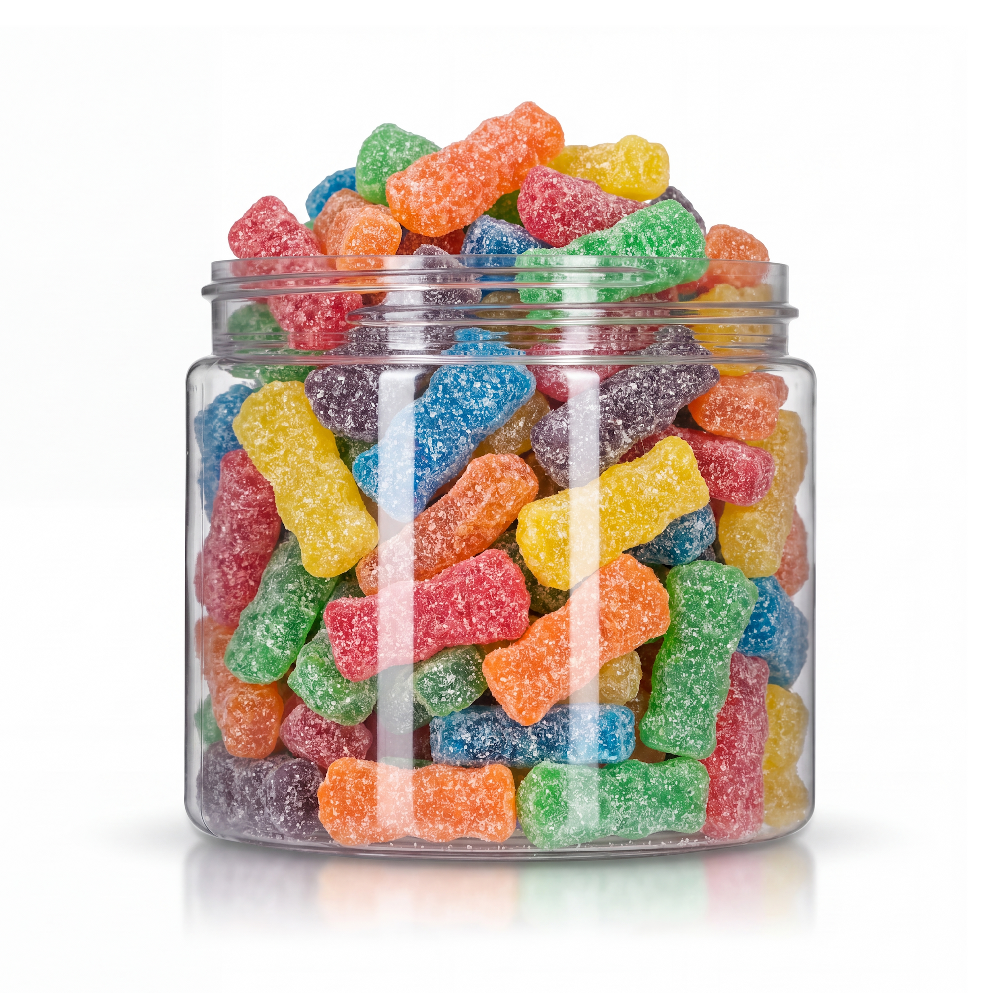 Sour Buddies candy package featuring a vibrant multi-coloured assortment of sour sugar sanded chewy character sweets and confections from a 100% peanut and tree nut free facility.
