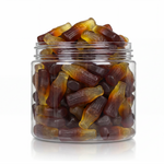Gummy Cola Bottles candy package featuring a vibrant display of cola bottle-shaped chewy sweets and confections from a 100% peanut and tree nut-free facility.