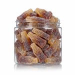 Sour Cola Bottles candy package featuring an assortment of sour sugar-dusted bottle shaped cola flavoured chewy sweets and confections from a 100% peanut and tree nut free facility.