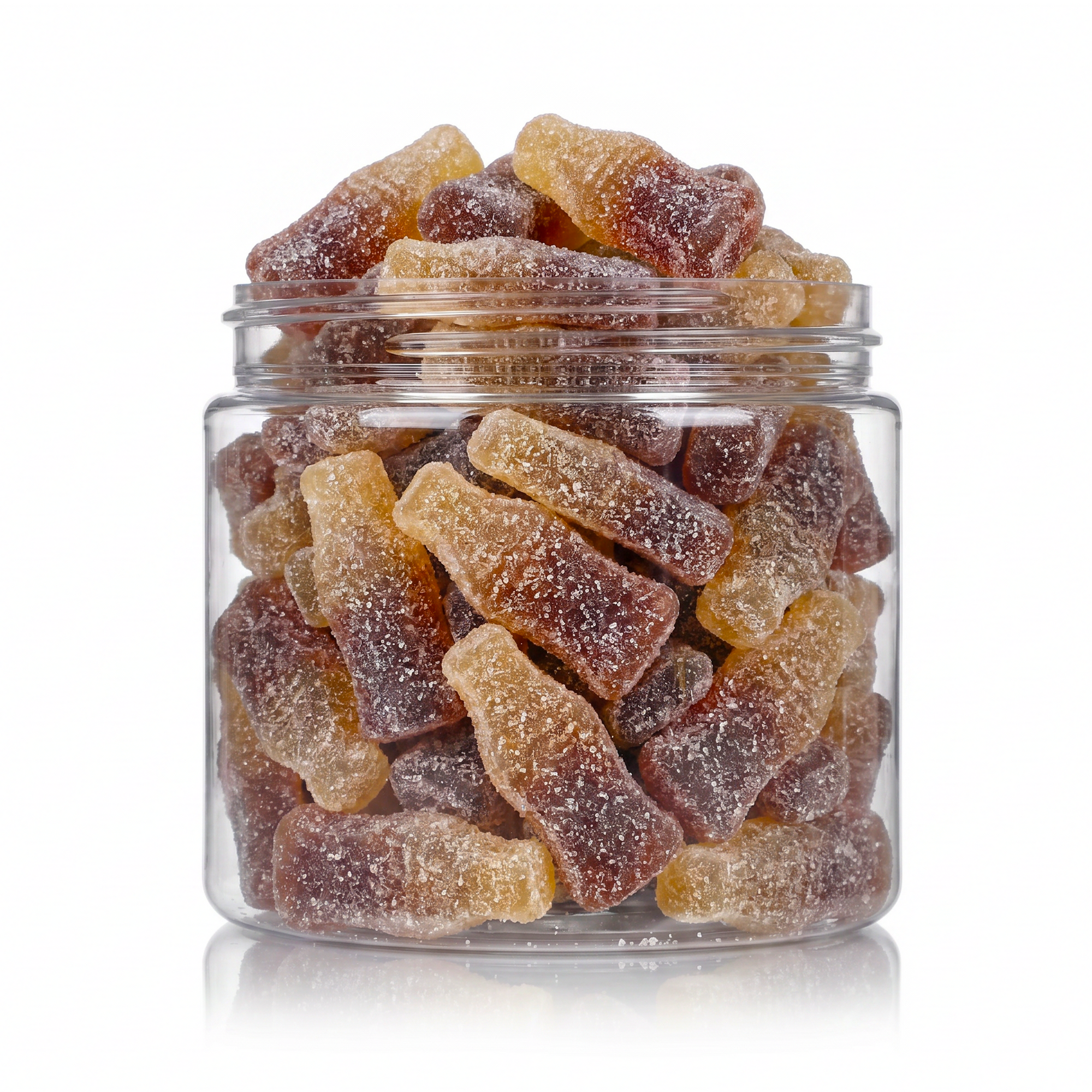 Sour Cola Bottles candy package featuring an assortment of sour sugar-dusted bottle shaped cola flavoured chewy sweets and confections from a 100% peanut and tree nut free facility.
