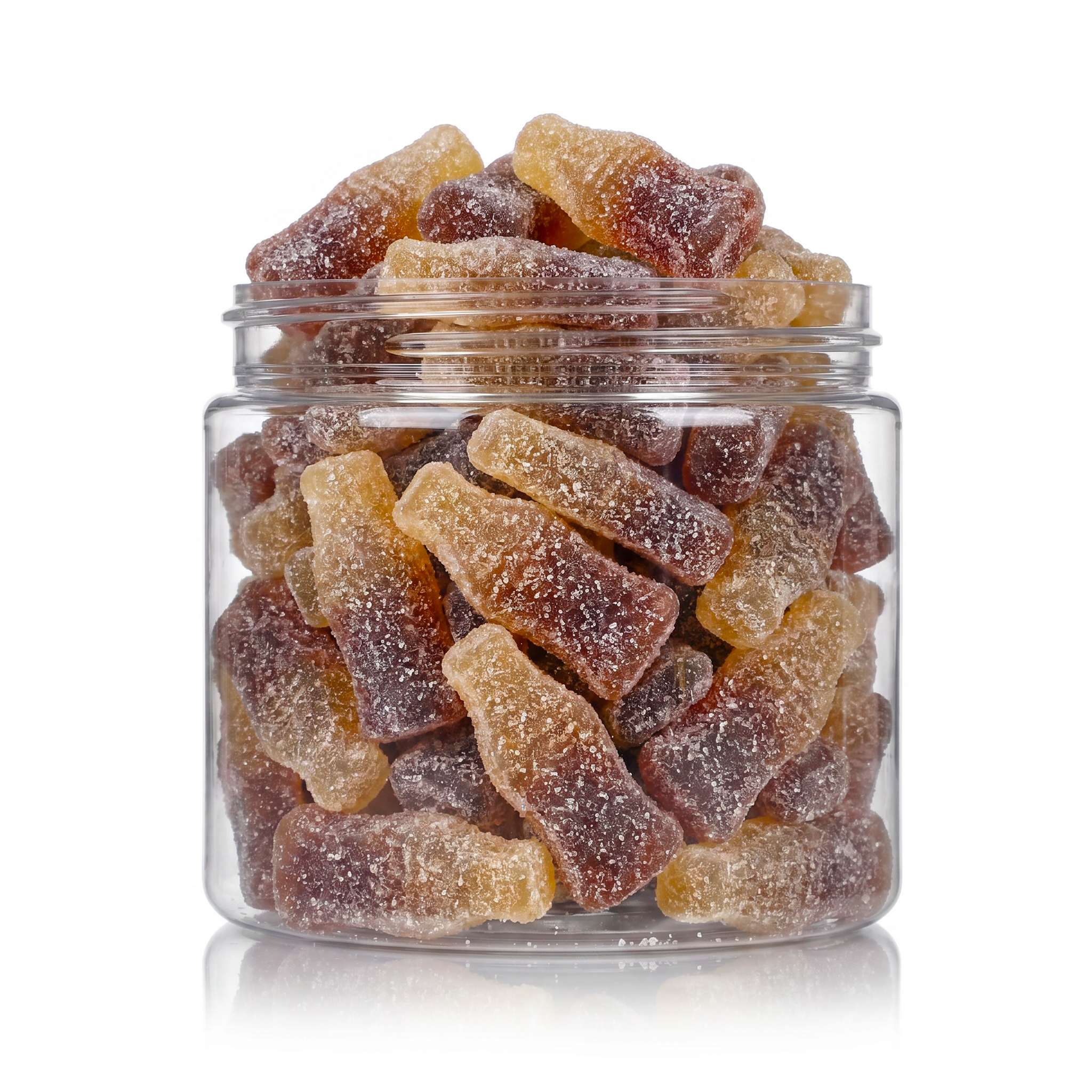 Sour Cola Bottles candy package featuring an assortment of sour sugar-dusted bottle shaped cola flavoured chewy sweets and confections from a 100% peanut and tree nut free facility.