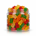 Gourmet Gummy Bears candy package featuring a vibrant multi-coloured assortment of bear shaped chewy fruit sweets and confections from a 100% peanut and tree nut free facility.