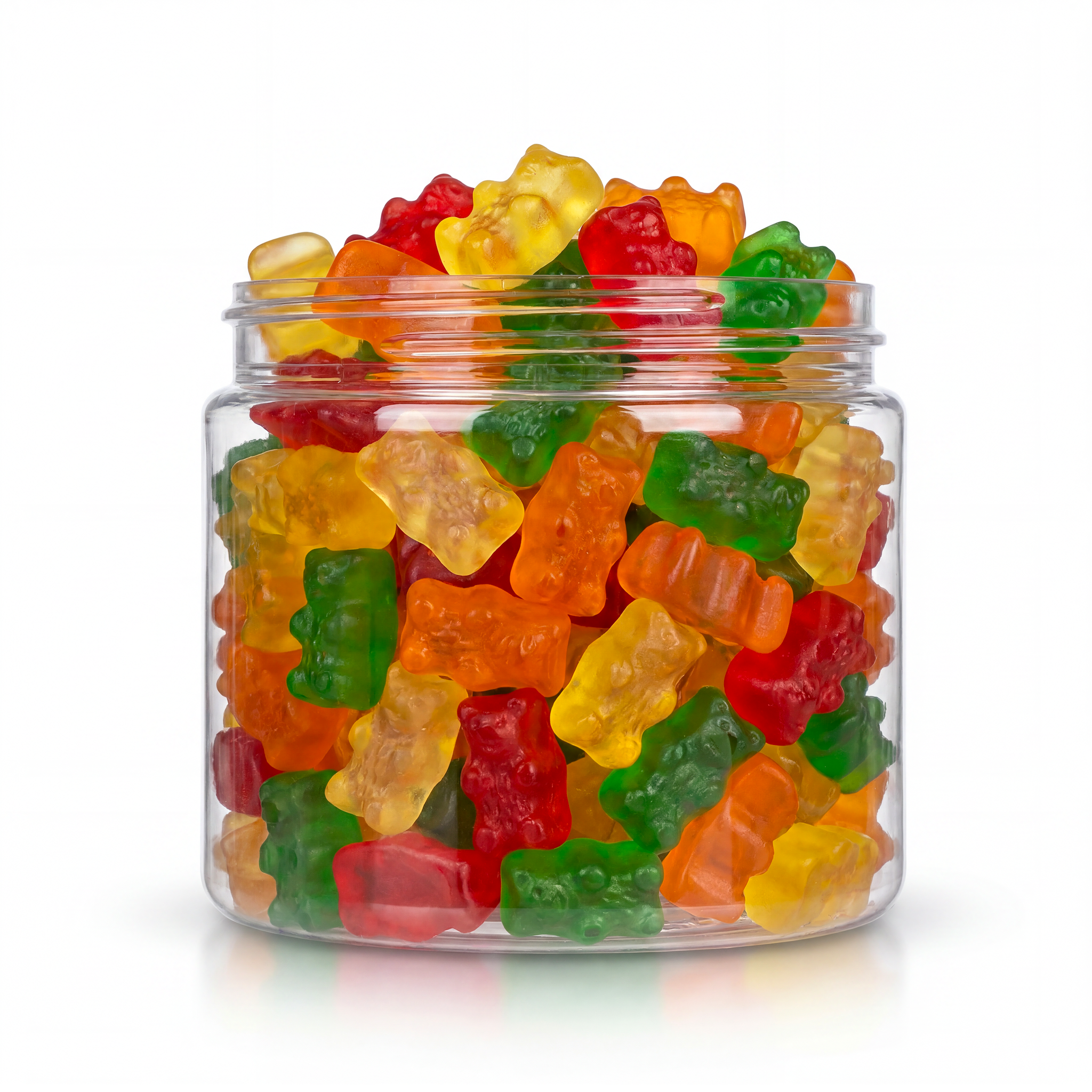 Gourmet Gummy Bears candy package featuring a vibrant multi-coloured assortment of bear shaped chewy fruit sweets and confections from a 100% peanut and tree nut free facility.