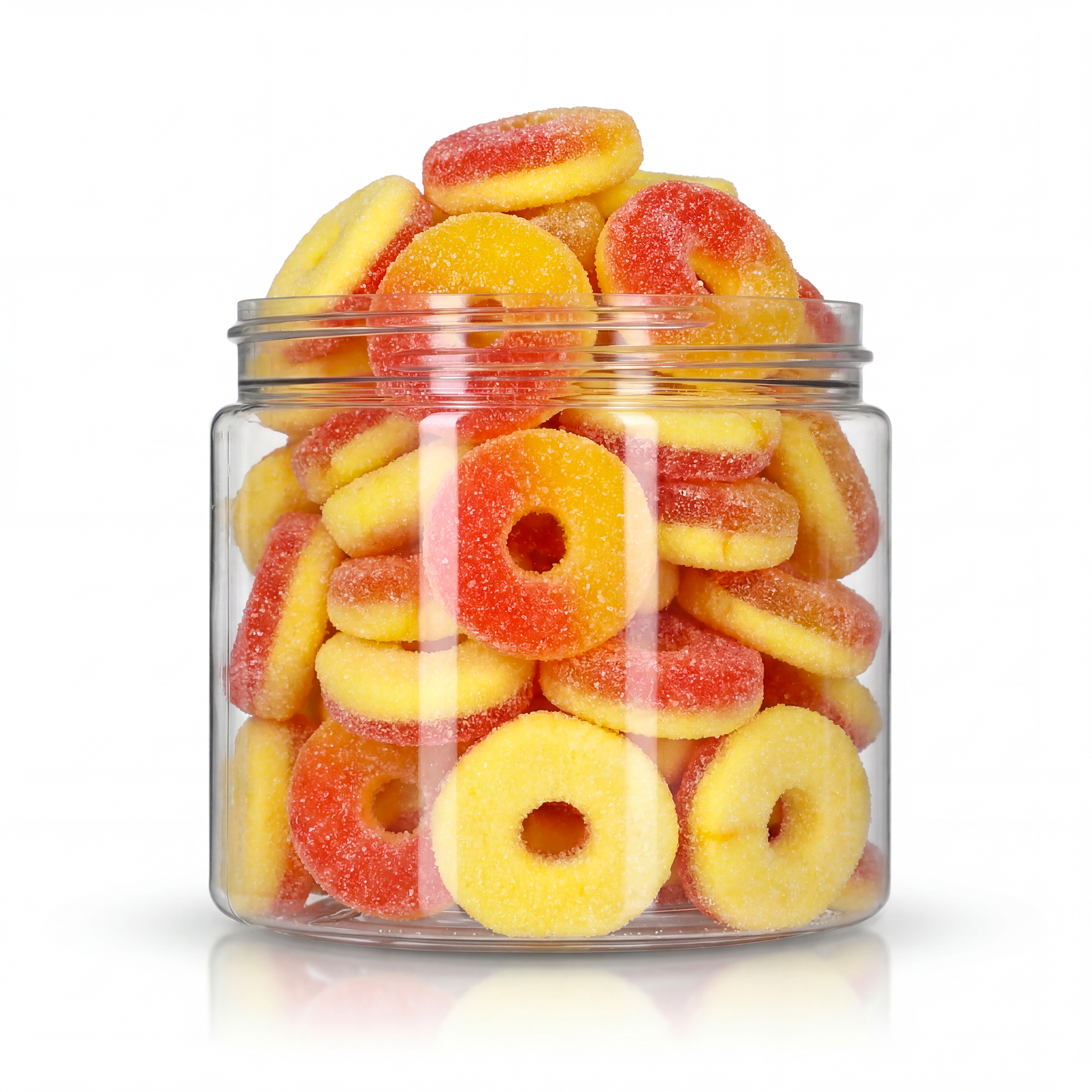 Gummy Peach Rings candy package featuring a vibrant orange and yellow assortment of sugar sanded ring shaped chewy sweets and confections from a 100% peanut and tree nut free facility.