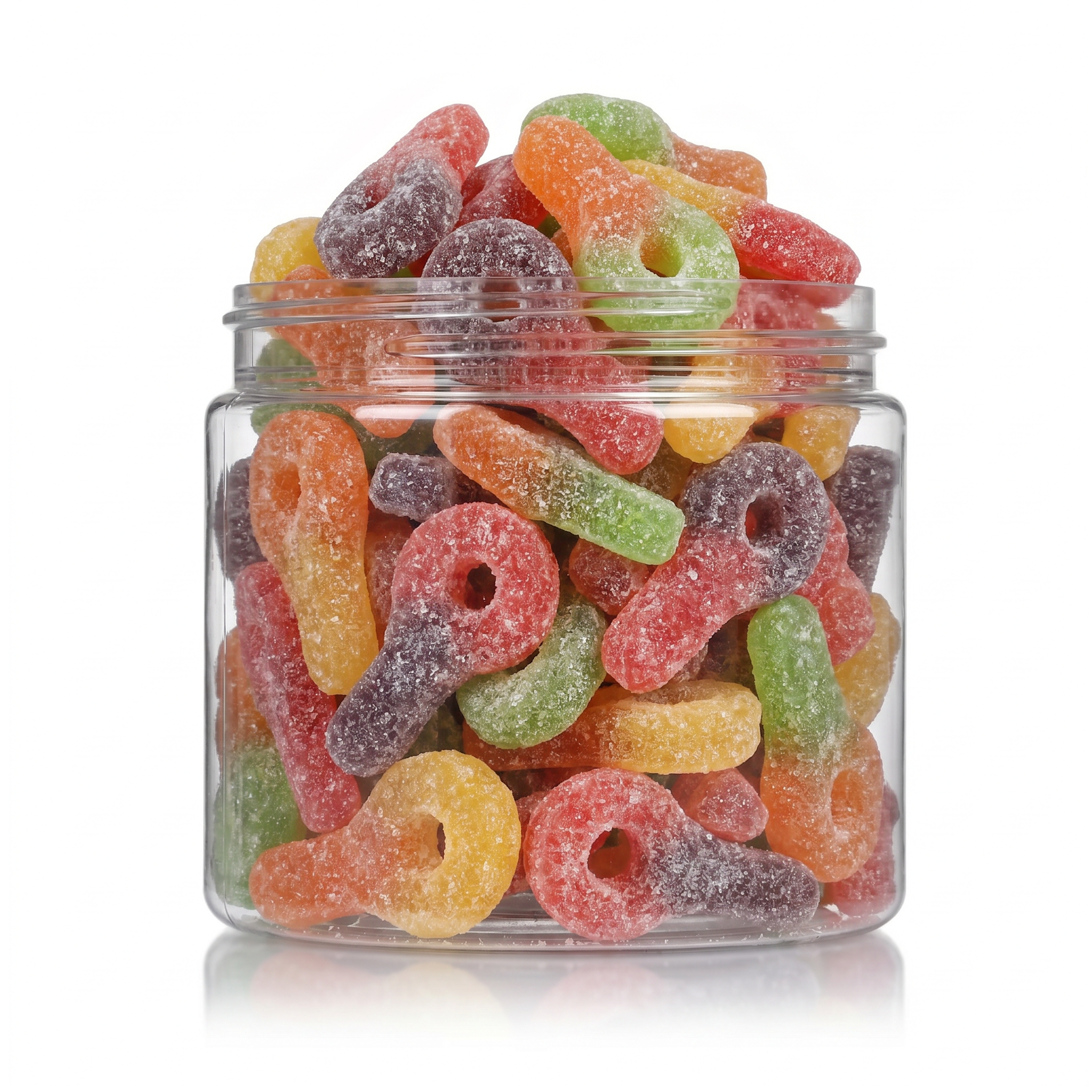 Sour Keys candy package featuring a vibrant multi-coloured assortment of sour sugar-dusted key shaped chewy fruit sweets and confections from a 100% peanut and tree nut free facility.