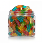 Large Gummy Worms candy package featuring a vibrant display of oversized chewy fruit sweets and confections from a 100% peanut and tree nut-free facility.
