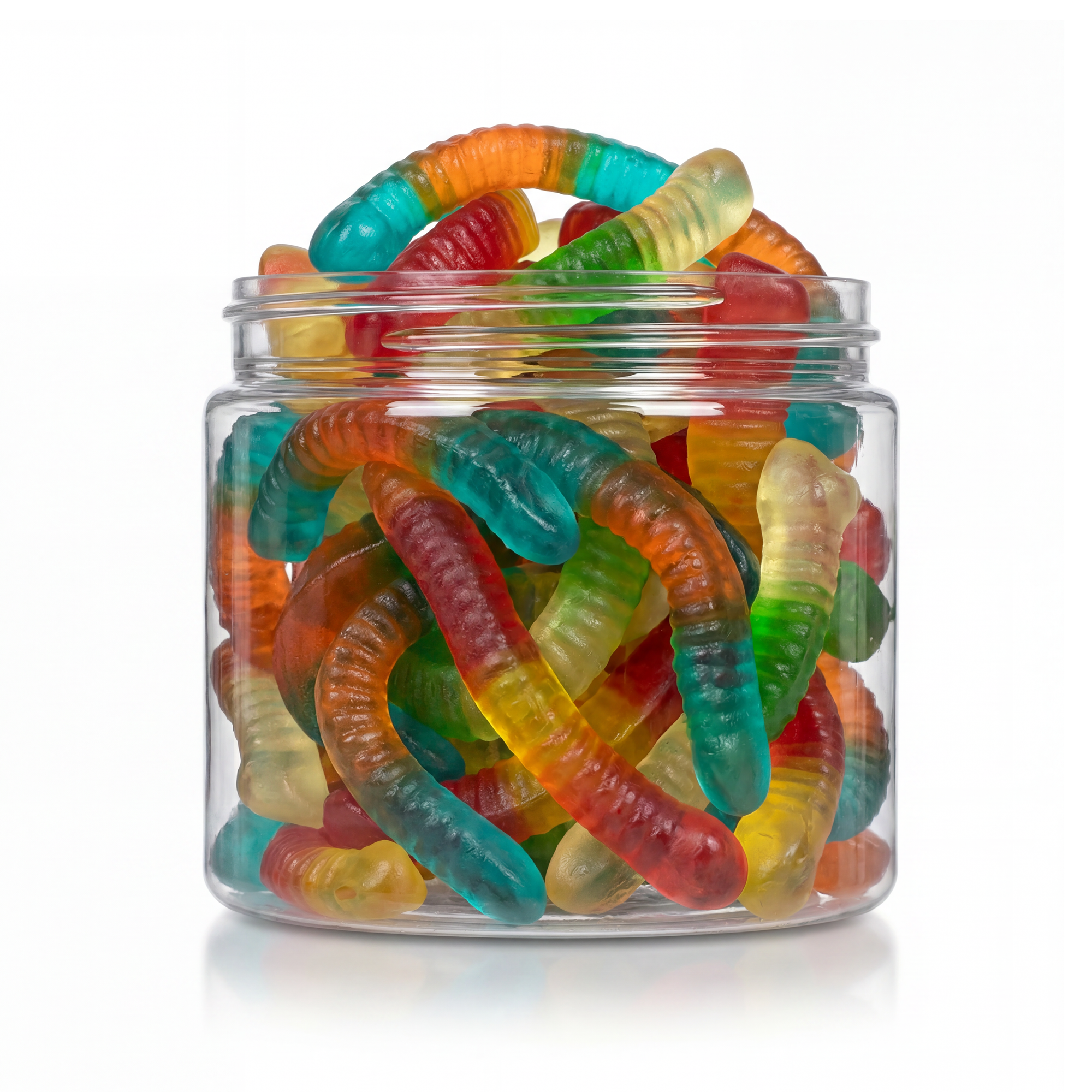 Large Gummy Worms candy package featuring a vibrant display of oversized chewy fruit sweets and confections from a 100% peanut and tree nut-free facility.