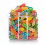 Sour Gummy Worms candy package featuring a vibrant multi-coloured assortment of sour sugar sanded worm shaped chewy sweets and confections from a 100% peanut and tree nut free facility.