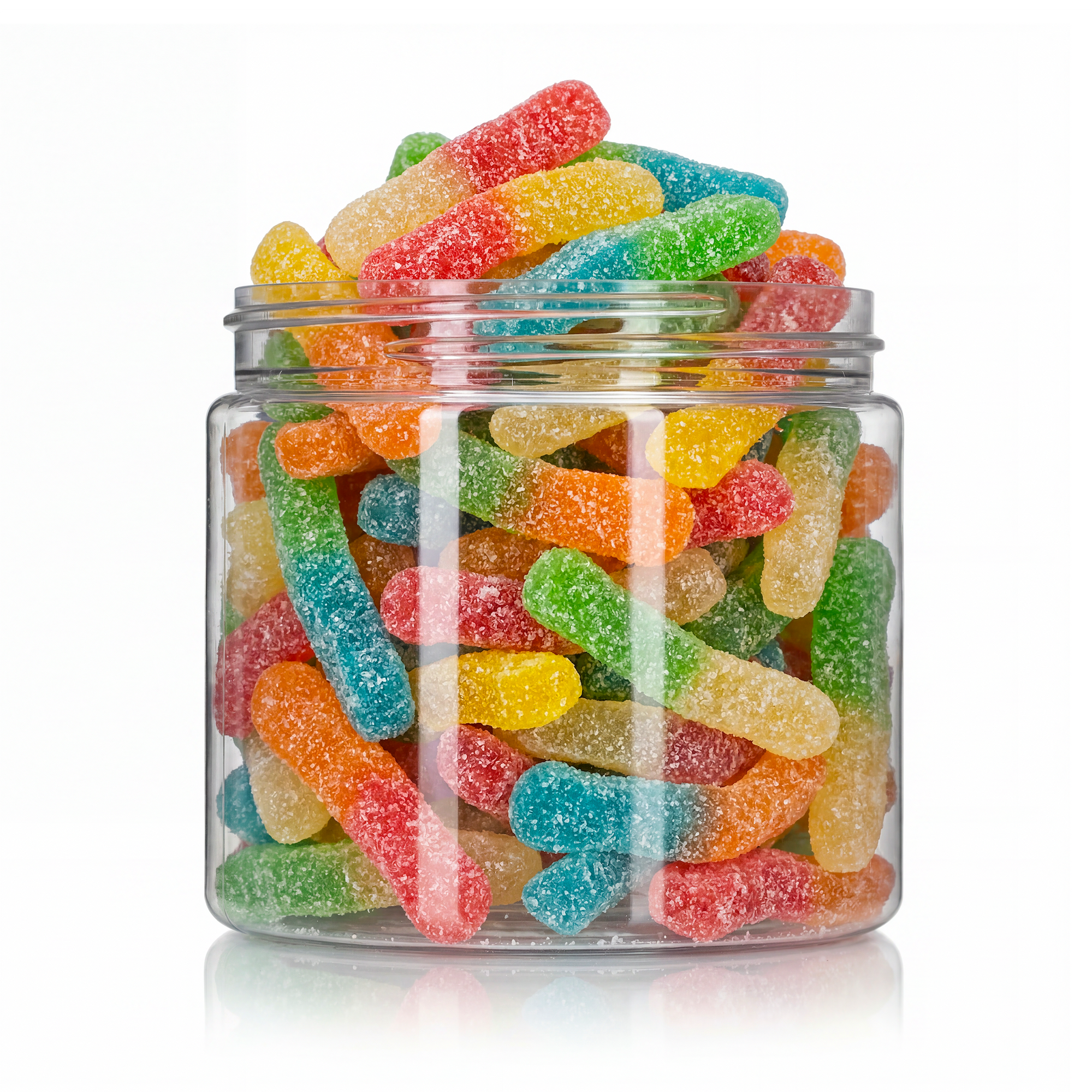 Sour Gummy Worms candy package featuring a vibrant multi-coloured assortment of sour sugar sanded worm shaped chewy sweets and confections from a 100% peanut and tree nut free facility.