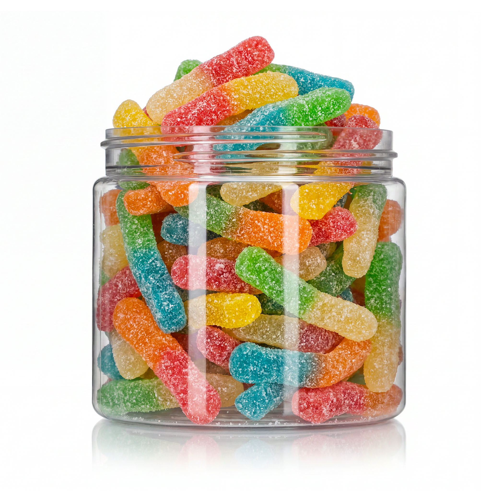 Sour Gummy Worms candy package featuring a vibrant multi-coloured assortment of sour sugar sanded worm shaped chewy sweets and confections from a 100% peanut and tree nut free facility.