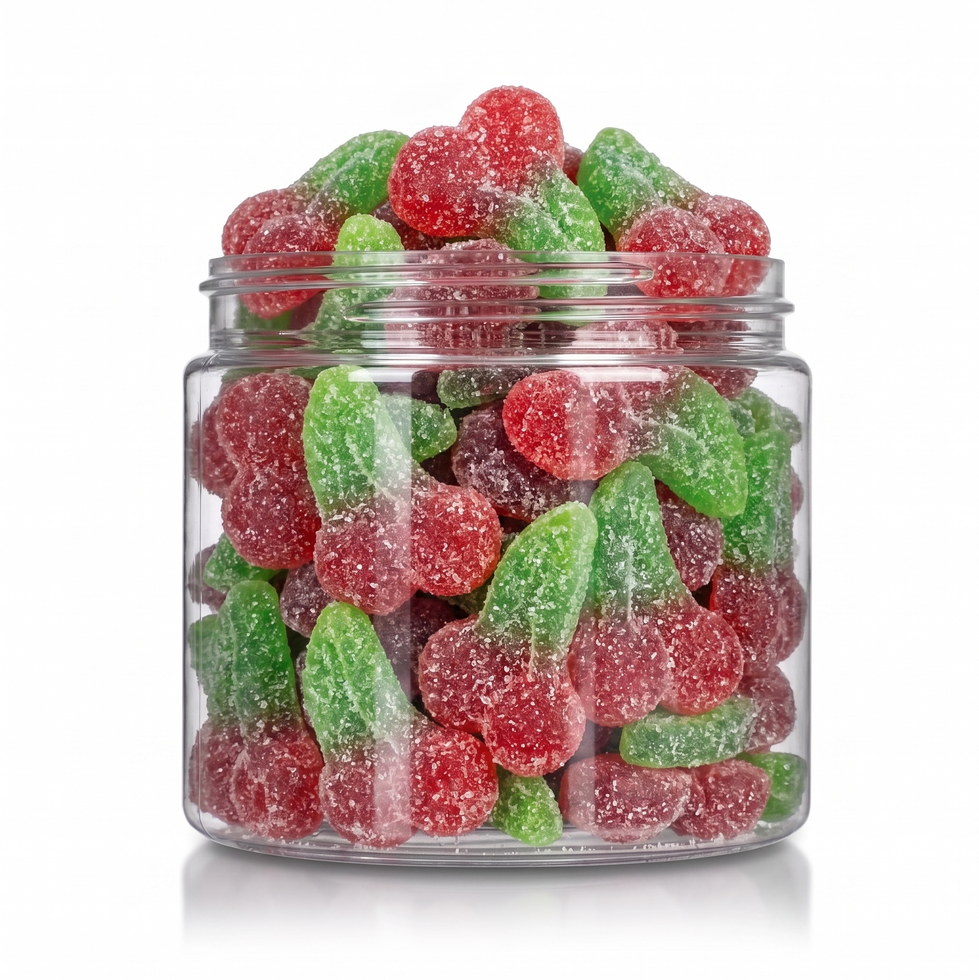 Cherry Twins candy package featuring a vibrant display of double cherry-shaped sour sugar sanded chewy fruit sweets and confections from a 100% peanut and tree nut-free facility.