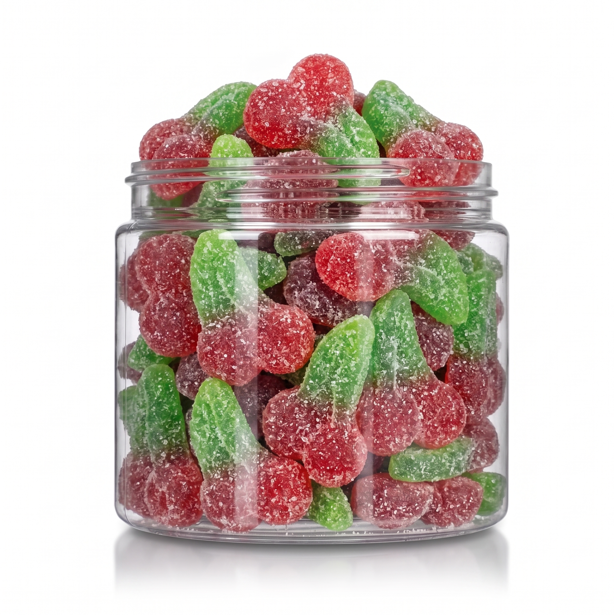 Cherry Twins candy package featuring a vibrant display of double cherry-shaped sour sugar sanded chewy fruit sweets and confections from a 100% peanut and tree nut-free facility.