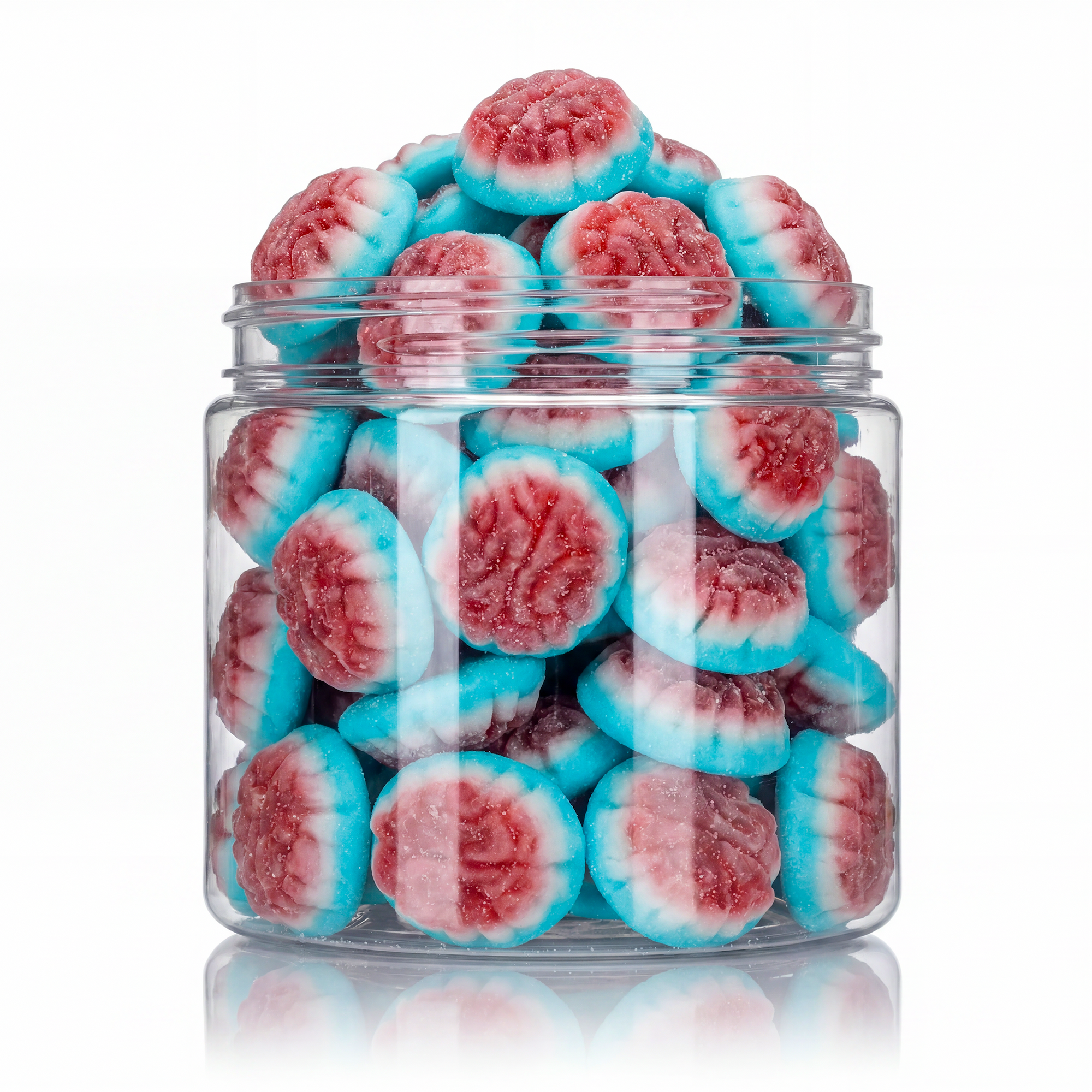 Gummy Brains candy package featuring a vibrant assortment of spooky brain shaped chewy sweets and confections from a 100% peanut and tree nut free facility.