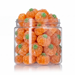 Sweet Sugar Coated Pumpkins candy package featuring a vibrant orange and green assortment of sugar-sanded pumpkin shaped sweets and confections from a 100% peanut and tree nut free facility.