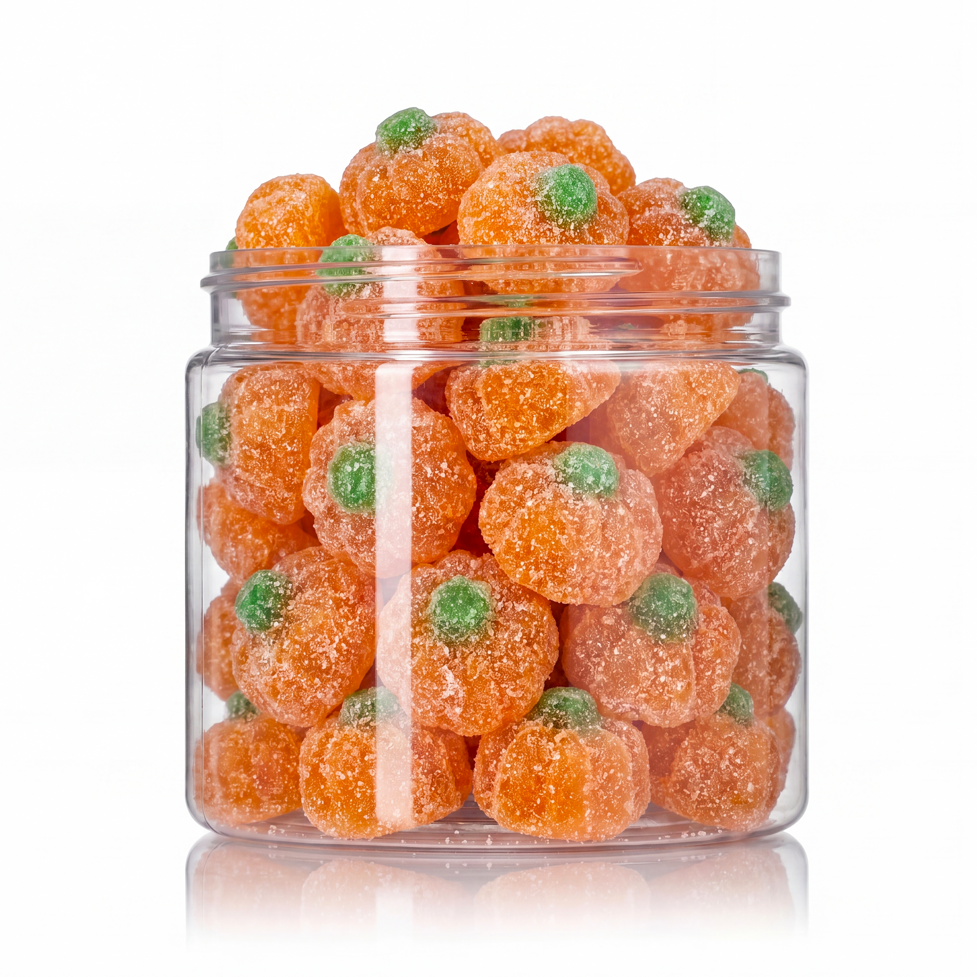 Sweet Sugar Coated Pumpkins candy package featuring a vibrant orange and green assortment of sugar-sanded pumpkin shaped sweets and confections from a 100% peanut and tree nut free facility.