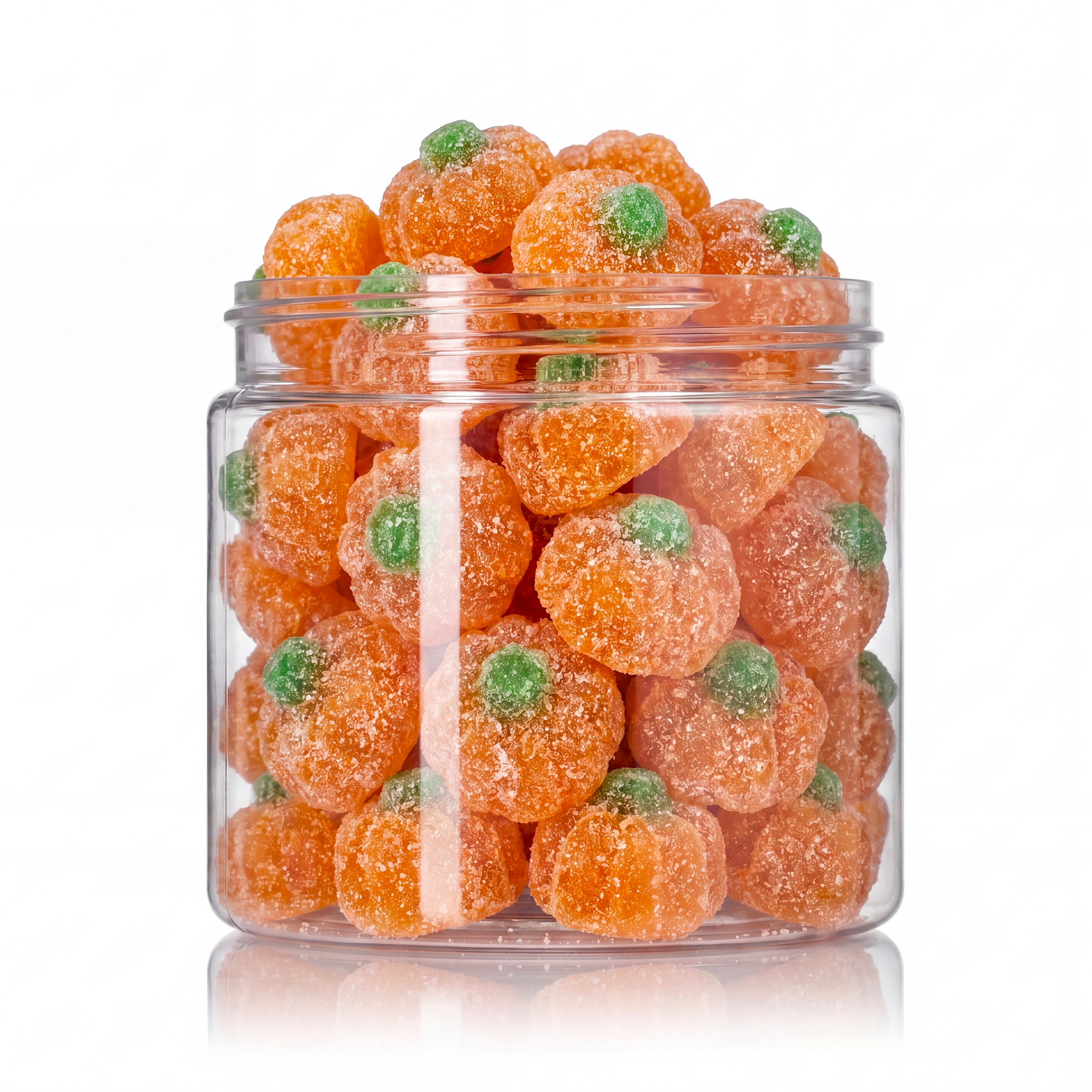 Sweet Sugar Coated Pumpkins candy package featuring a vibrant orange and green assortment of sugar-sanded pumpkin shaped sweets and confections from a 100% peanut and tree nut free facility.