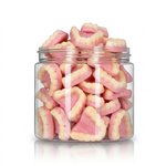 Gummy Teeth candy package featuring a vibrant pink and white assortment of teeth shaped chewy sweets and confections from a 100% peanut and tree nut free facility.