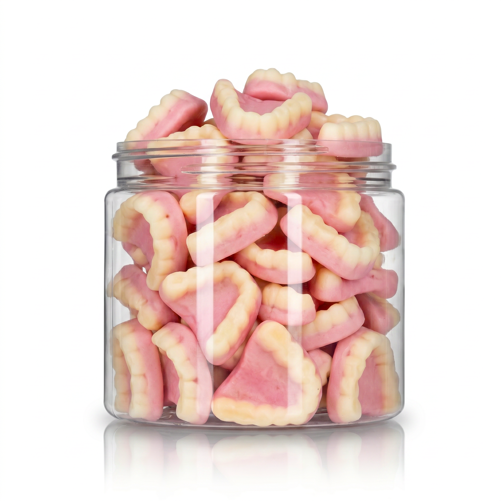 Gummy Teeth candy package featuring a vibrant pink and white assortment of teeth shaped chewy sweets and confections from a 100% peanut and tree nut free facility.