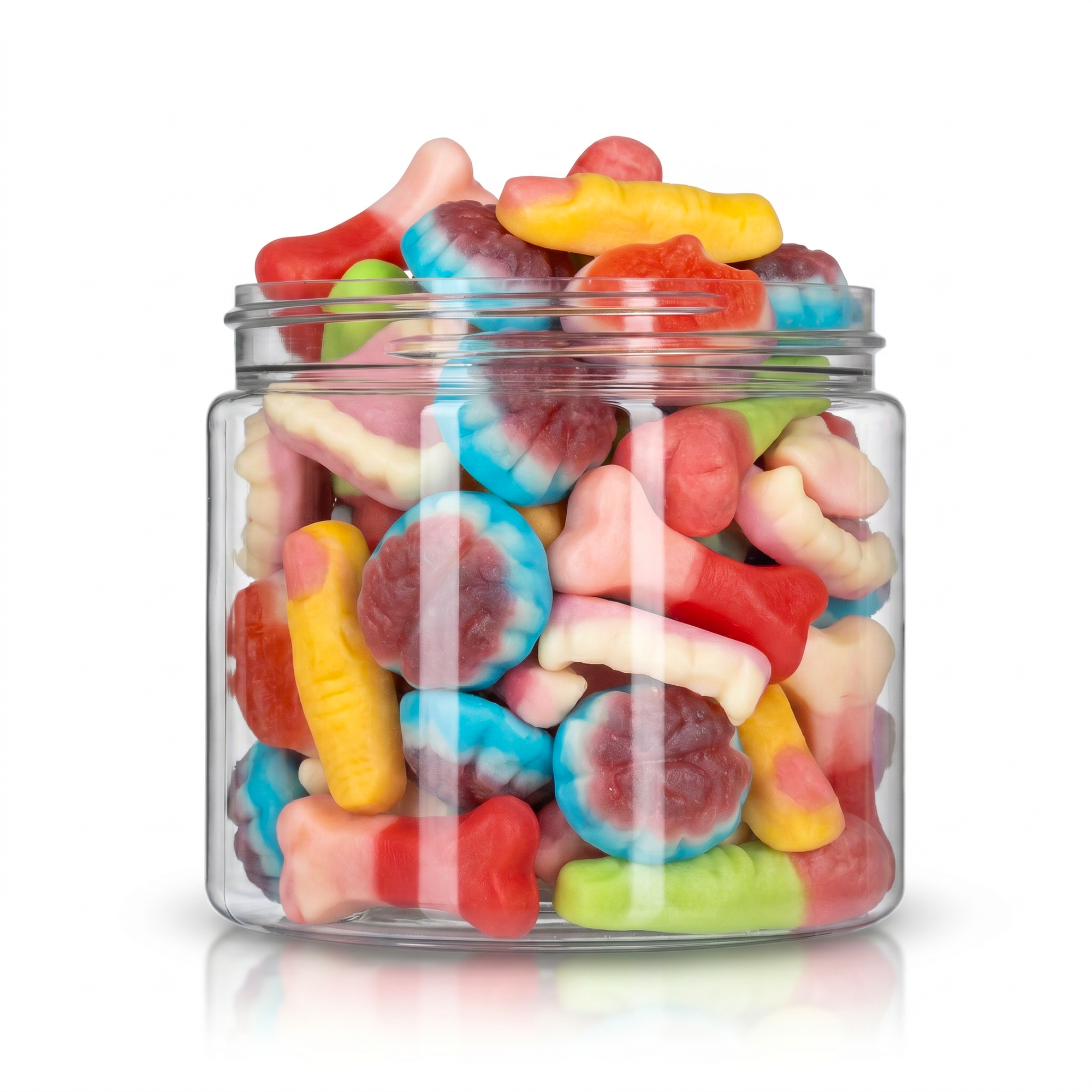 Missing Body Parts candy package featuring a spooky assortment of body part shaped chewy fruit sweets and confections from a 100% peanut and tree nut free facility.