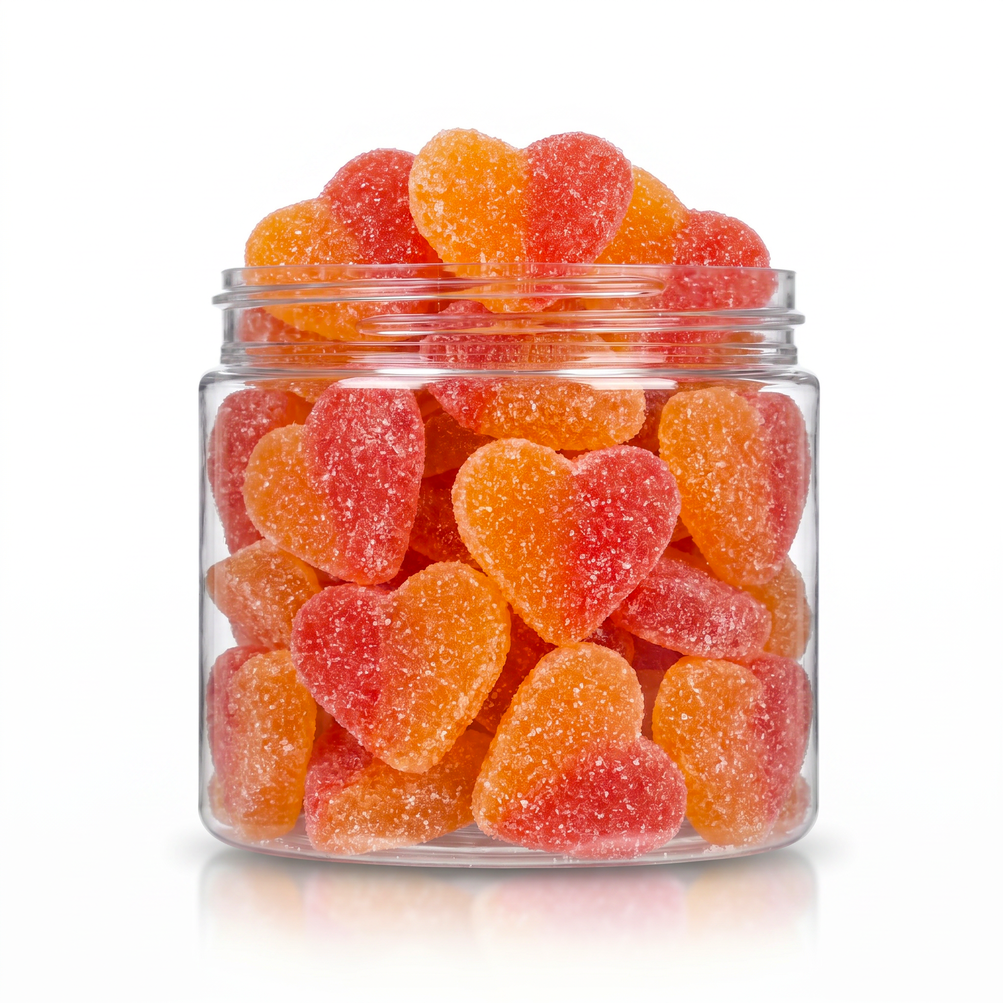 Gummy Peach Hearts candy package featuring a vibrant assortment of peach flavoured heart shaped chewy sweets and confections from a 100% peanut and tree nut free facility.