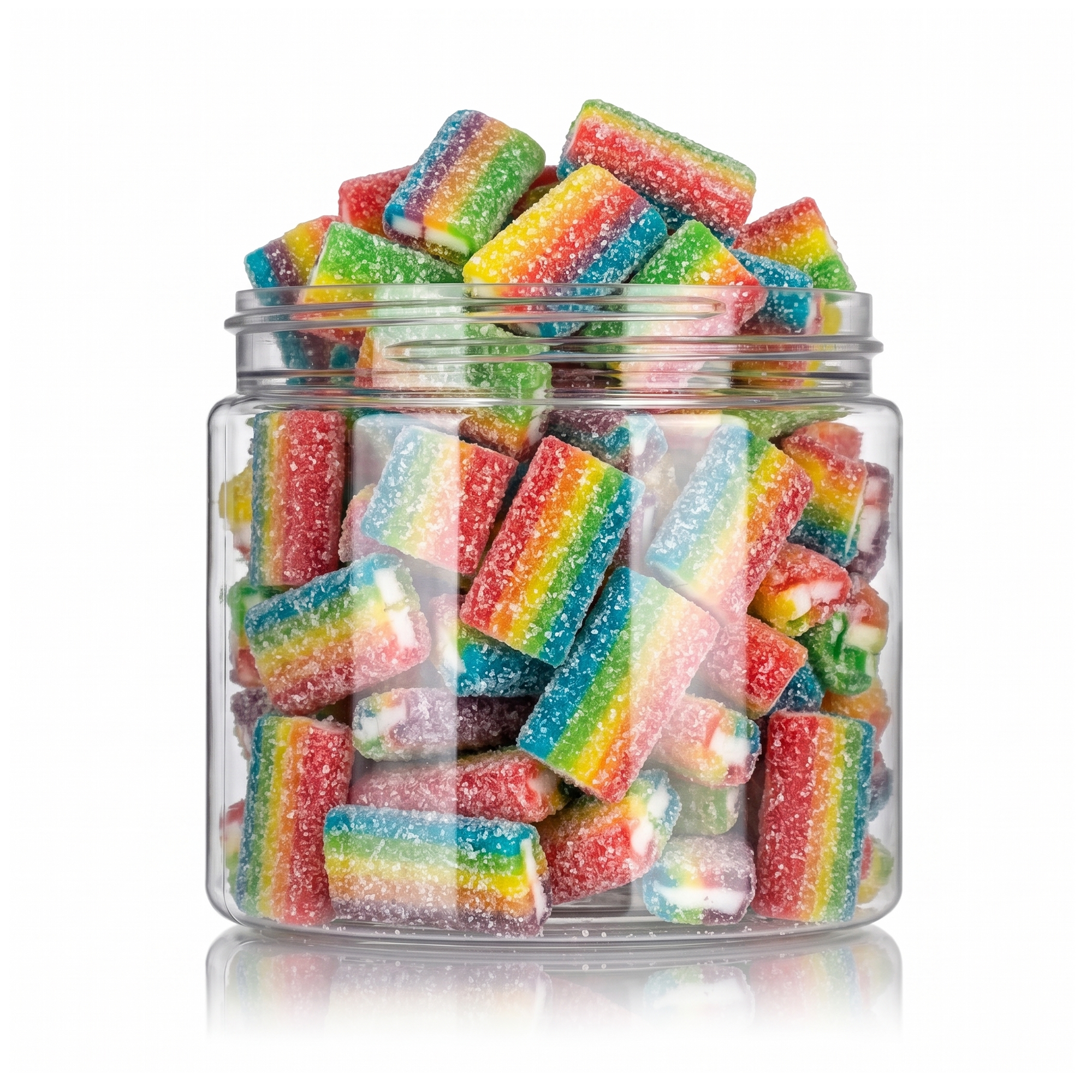 Sour Rainbow Bricks featuring vibrant, multi-layered sugar-coated tangy brick-shaped candies with sweet filling from a 100% peanut and tree nut free bakery.