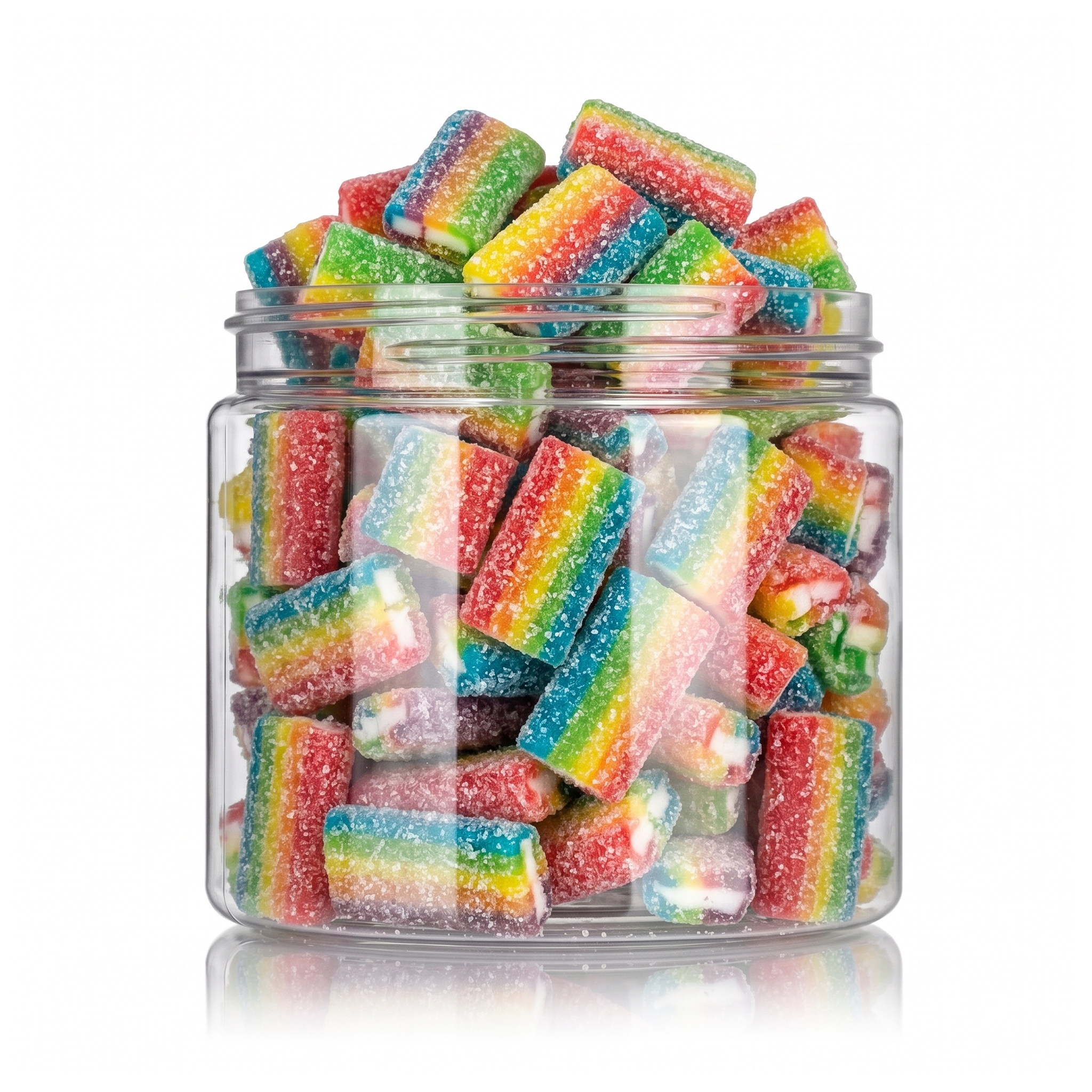 Sour Rainbow Bricks featuring vibrant, multi-layered sugar-coated tangy brick-shaped candies with sweet filling from a 100% peanut and tree nut free bakery.