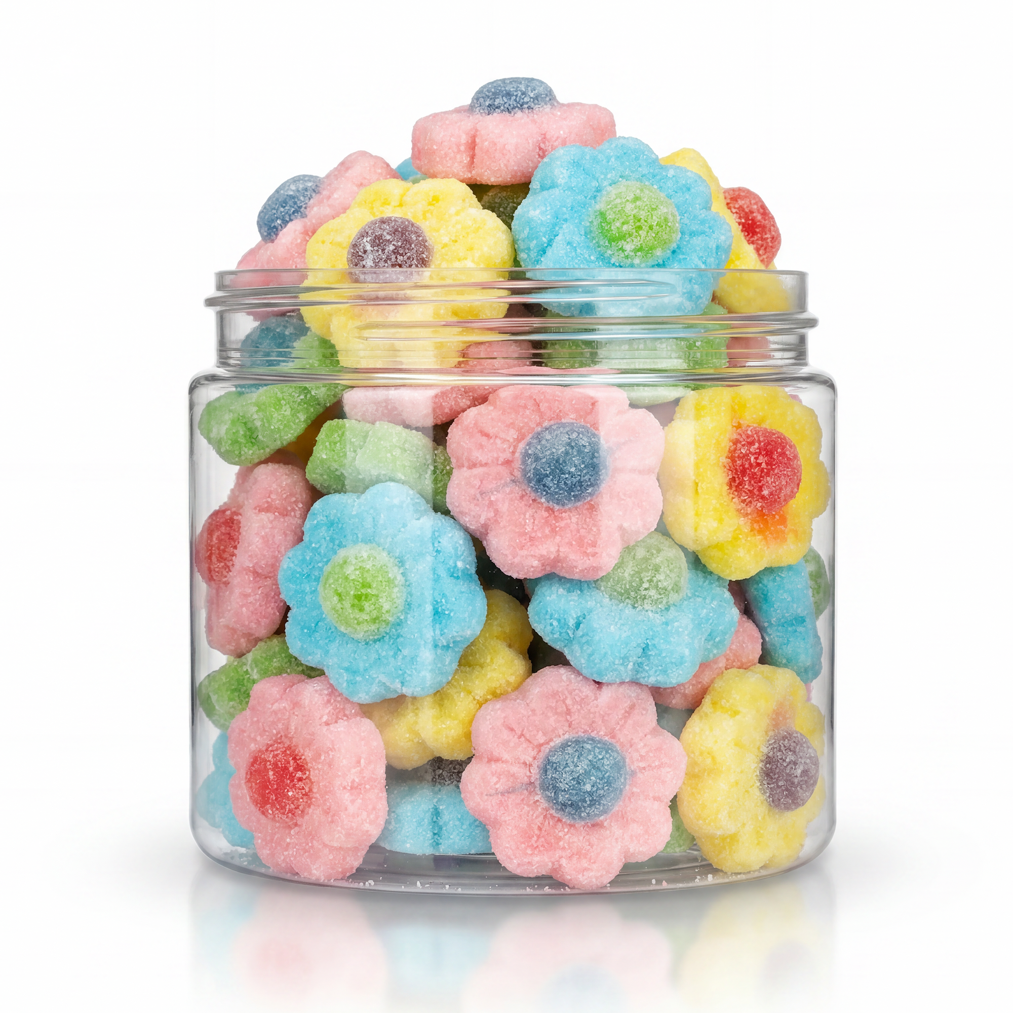 Sanded Gummy Pastel Flowers candy package featuring a soft multi-coloured assortment of sugar-sanded flower shaped sweets and confections from a 100% peanut and tree nut free facility.