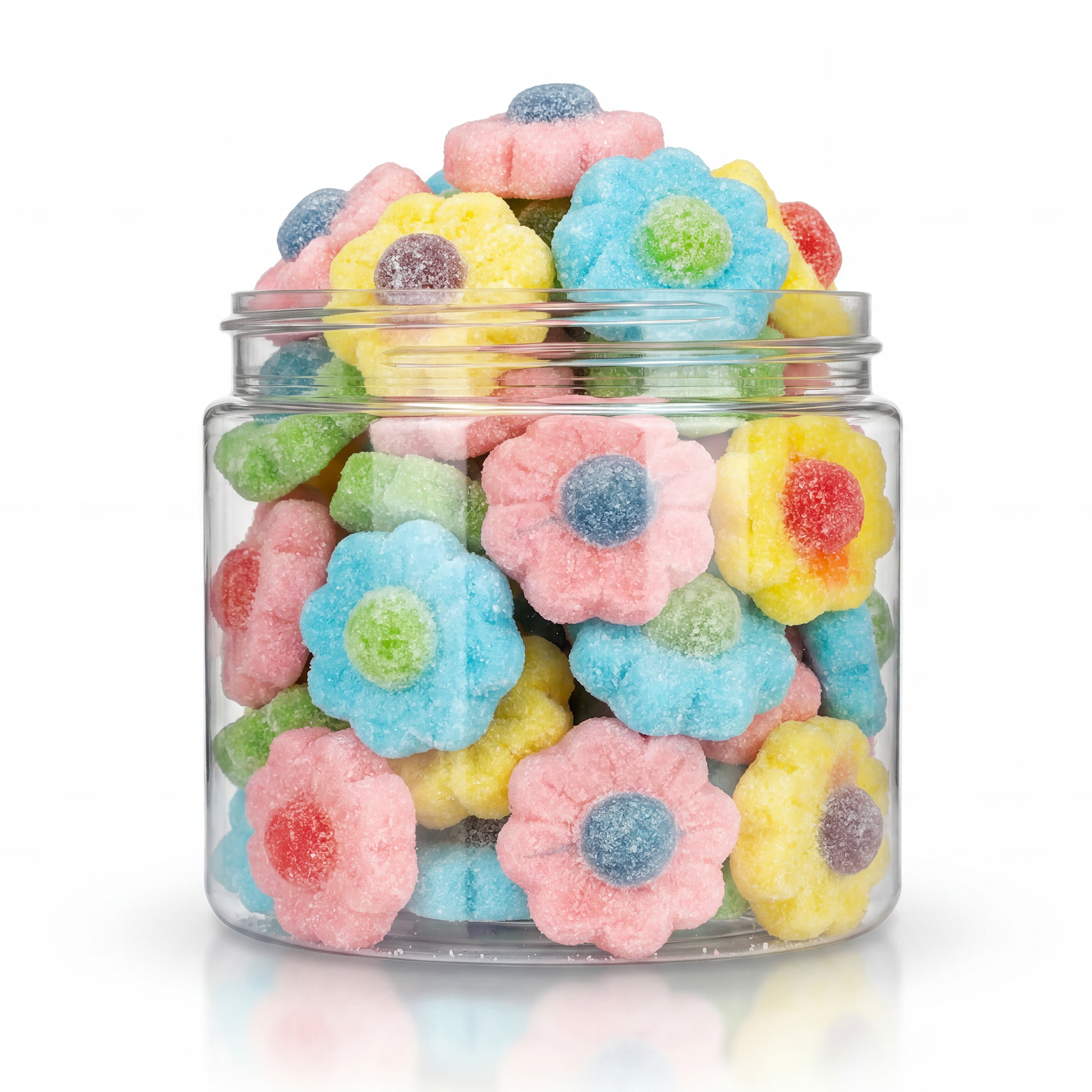 Sanded Gummy Pastel Flowers candy package featuring a soft multi-coloured assortment of sugar-sanded flower shaped sweets and confections from a 100% peanut and tree nut free facility.