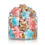 Sanded Stars candy package featuring a vibrant multi-coloured assortment of sugar-sanded star shaped sweets and confections from a 100% peanut and tree nut free facility.