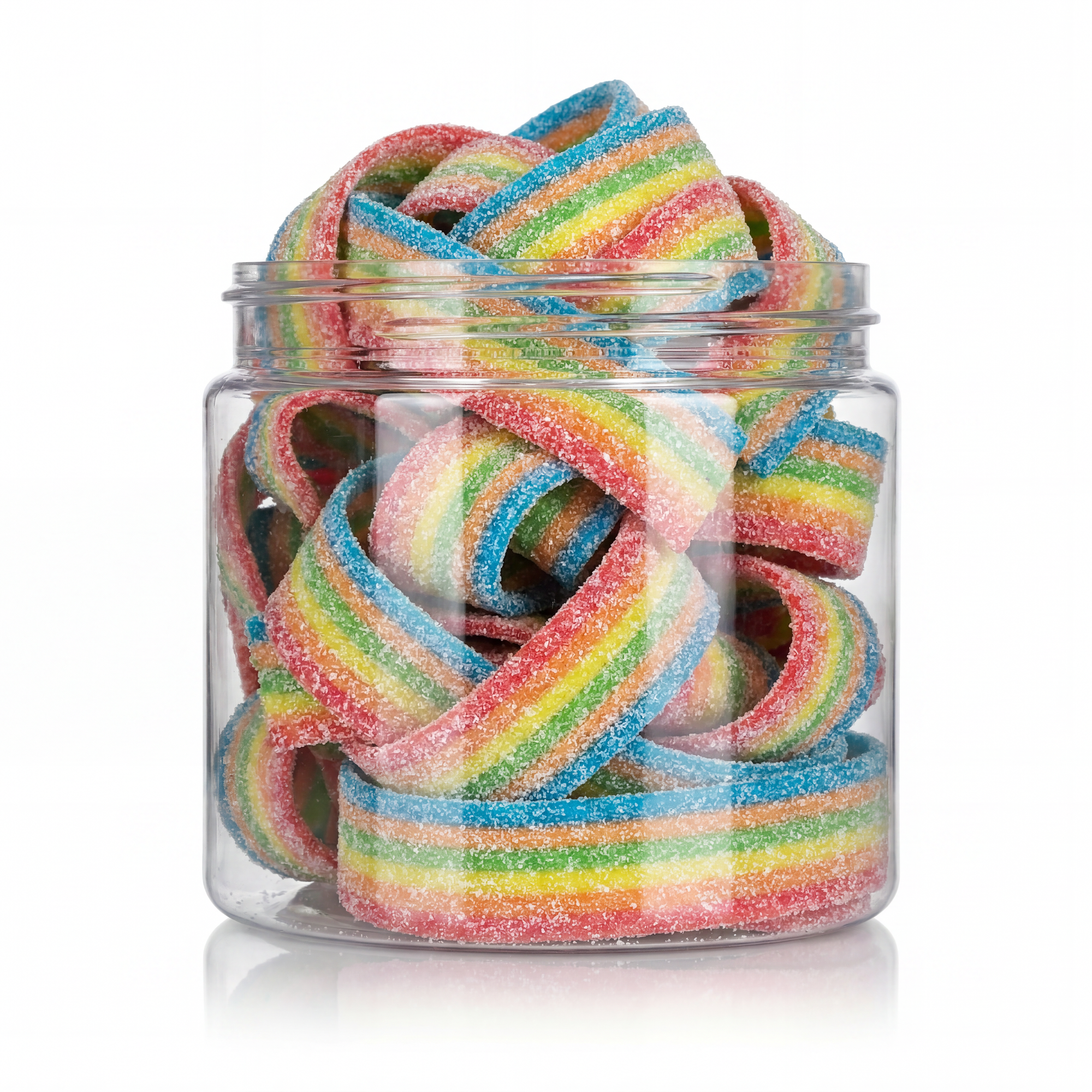 Sour Rainbow Belts featuring colourful, sugar-dusted sour candy strips from a 100% peanut and tree nut free facility.