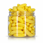 Chewy Bananas candy package featuring a vibrant yellow assortment of banana shaped chewy sweets and confections from a 100% peanut and tree nut free facility.