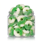 Gummy Green Apple Rings candy package featuring a vibrant display of green apple-shaped sour sugar sanded chewy fruit sweets and confections from a 100% peanut and tree nut-free facility.