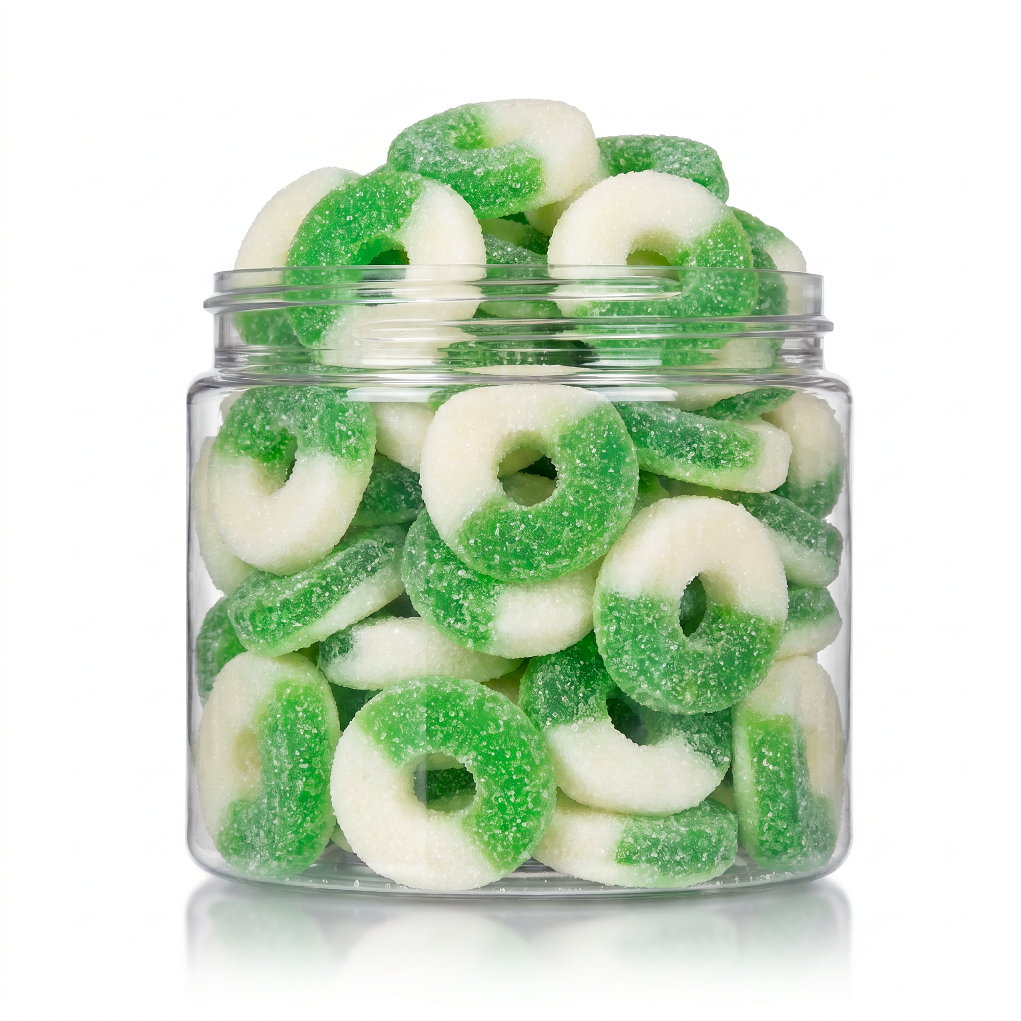 Gummy Green Apple Rings candy package featuring a vibrant display of green apple-shaped sour sugar sanded chewy fruit sweets and confections from a 100% peanut and tree nut-free facility.