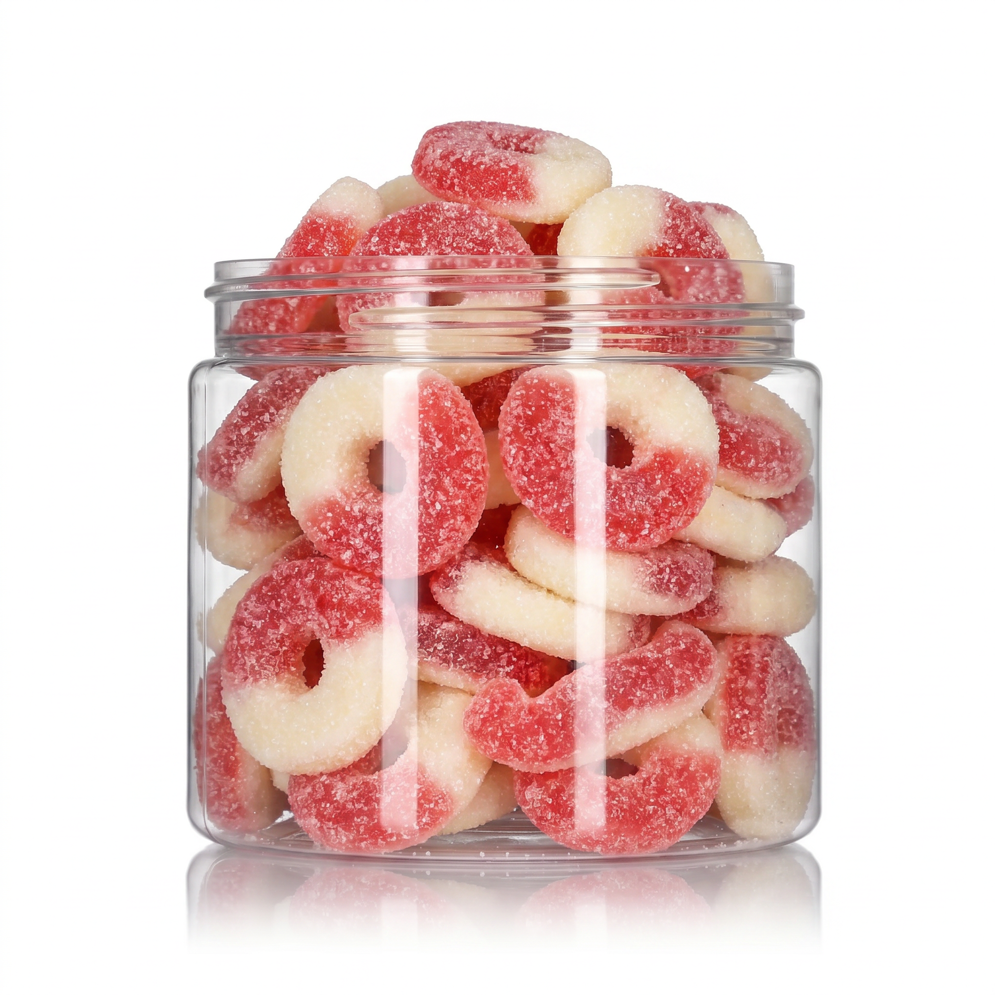 Gummy Cherry Rings candy package featuring a vibrant display of cherry ring-shaped sour sugar sanded chewy fruit sweets and confections from a 100% peanut and tree nut-free facility.