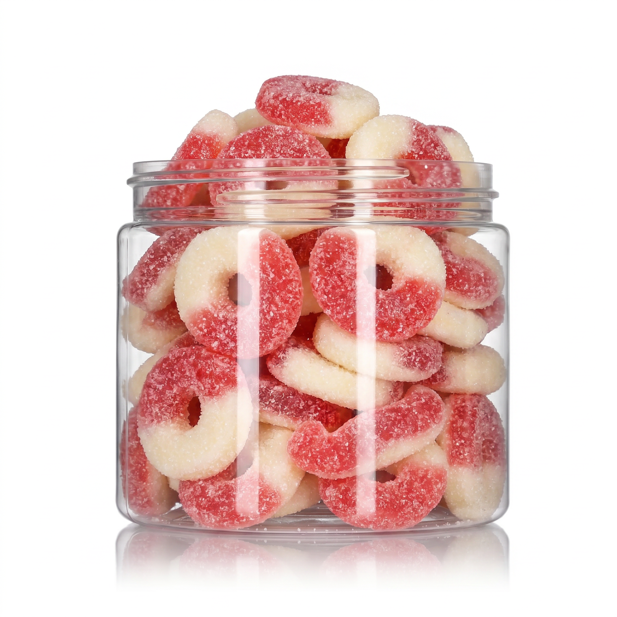 Gummy Cherry Rings candy package featuring a vibrant display of cherry ring-shaped sour sugar sanded chewy fruit sweets and confections from a 100% peanut and tree nut-free facility.