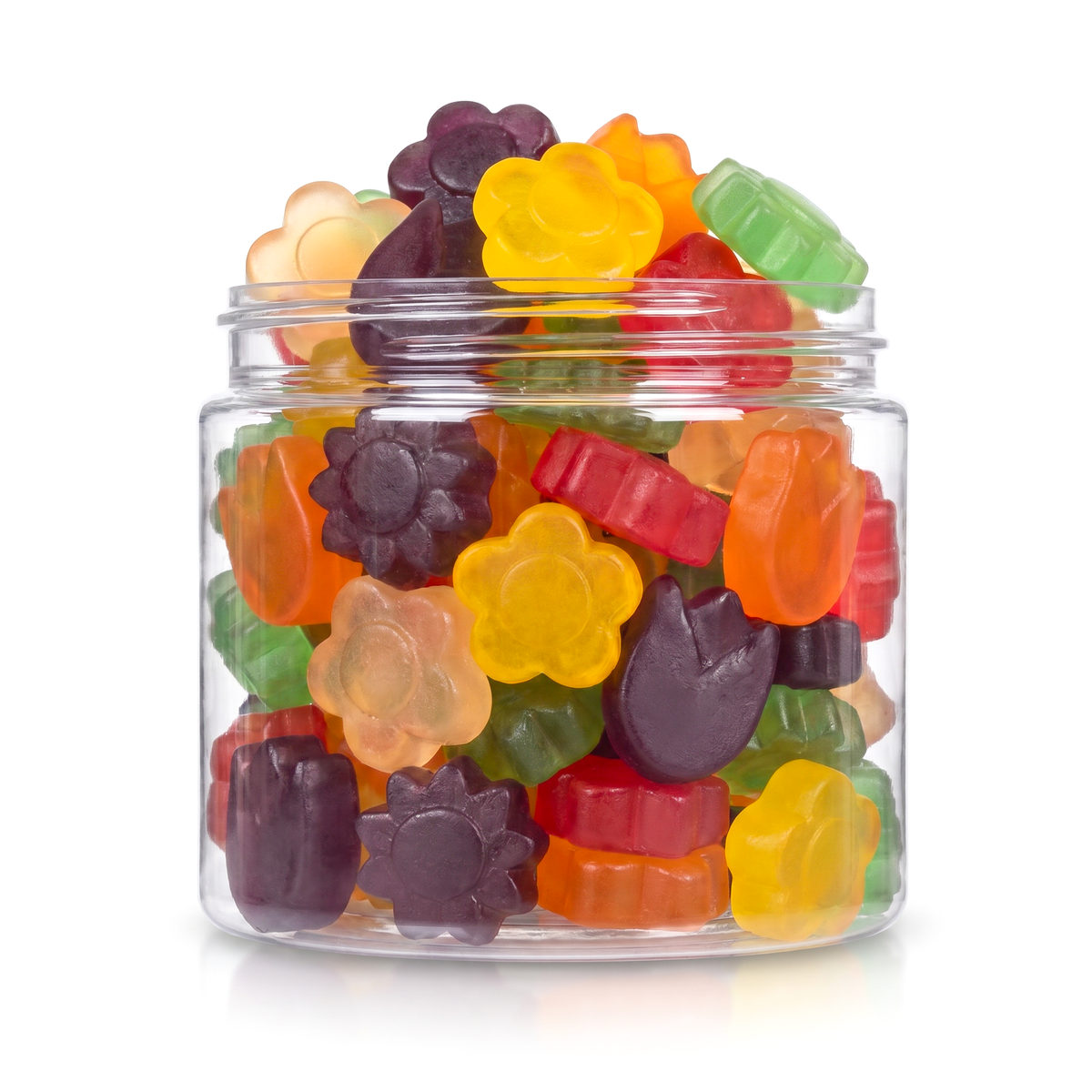 Gummy Flowers candy package featuring a vibrant multi-coloured assortment of flower shaped chewy sweets and confections from a 100% peanut and tree nut free facility.
