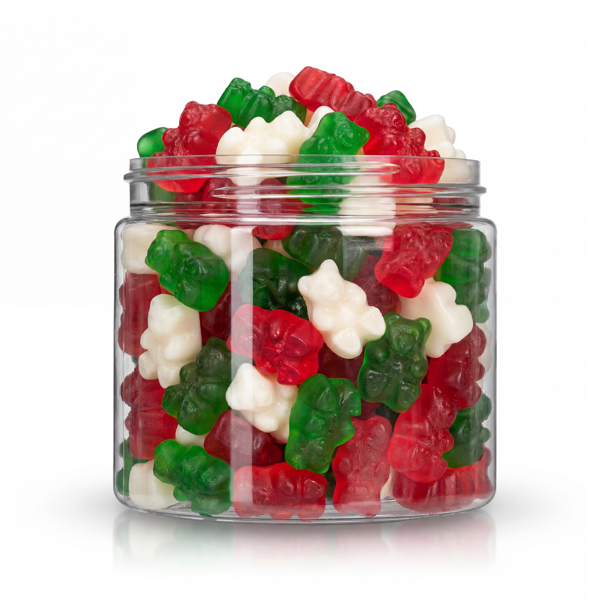 Christmas Gummy Bears candy package featuring a festive red and green assortment of bear shaped chewy fruit sweets and confections from a 100% peanut and tree nut free facility.