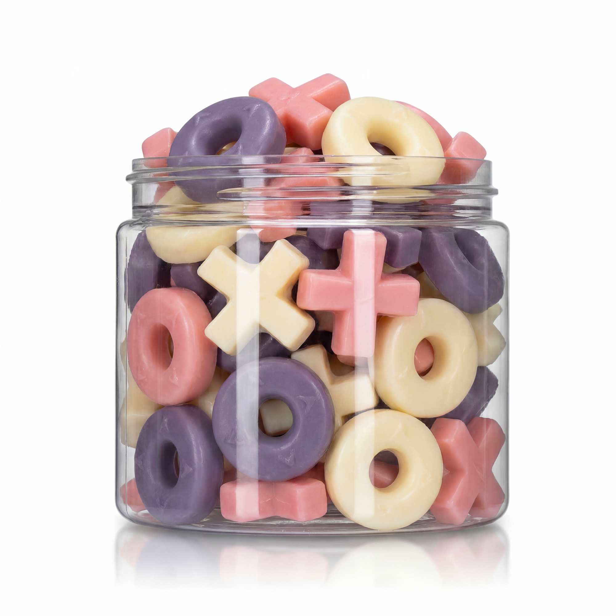 Gummy Hugs and Kisses candy package featuring a vibrant pink, purple, and white assortment of X and O shaped chewy sweets and confections from a 100% peanut and tree nut free facility.